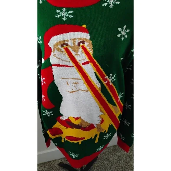Ugly Christmas Sweater Cat Pizza Laser Eye Sz M Humor Holiday Party Unisex - Picture 2 of 8